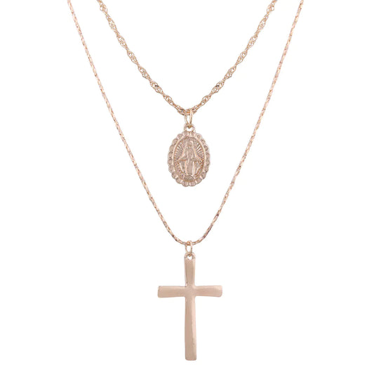 Cross Virgin Mary Pendant, Cross Necklace, Layered Coin Necklace