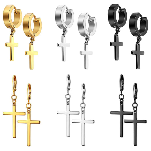 JELIEE 6 Pairs Cross Earrings Crucifix Drop Earrings Jewelry Dangle Hinged Earrings Stainless Steel Cross Hoop Earrings Stud Earrings Black Silver Gold Earrings for Men and Women