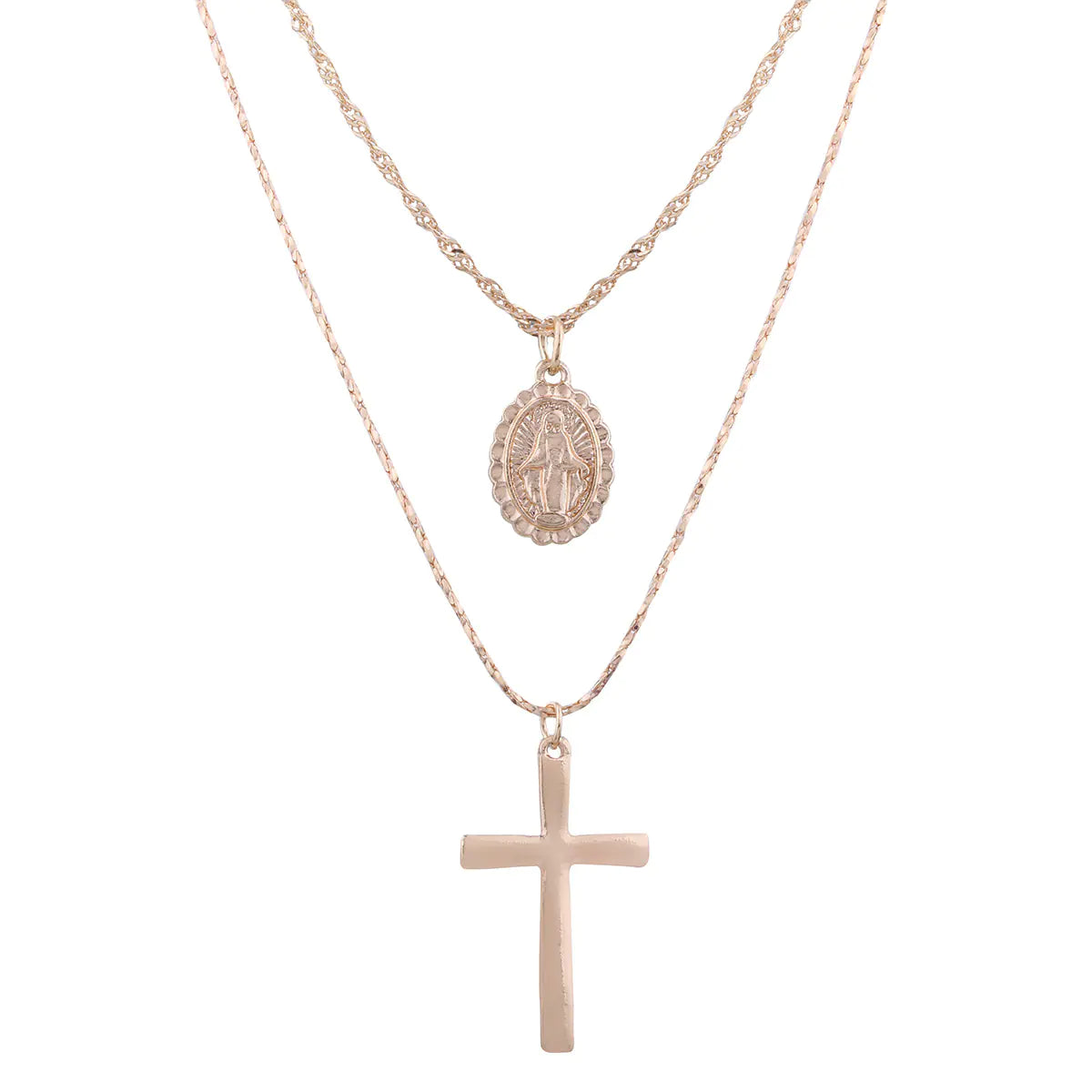 Cross Virgin Mary Pendant, Cross Necklace, Layered Coin Necklace