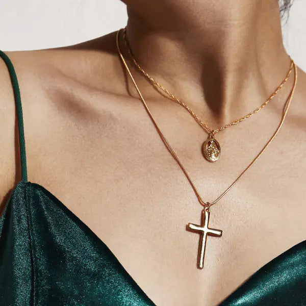 Cross Virgin Mary Pendant, Cross Necklace, Layered Coin Necklace