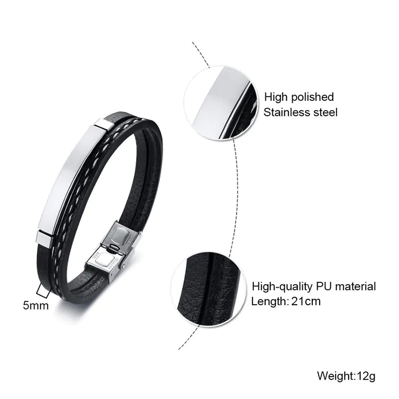 Men's Black PU Leather Braided Bracelet in Stainless Steel