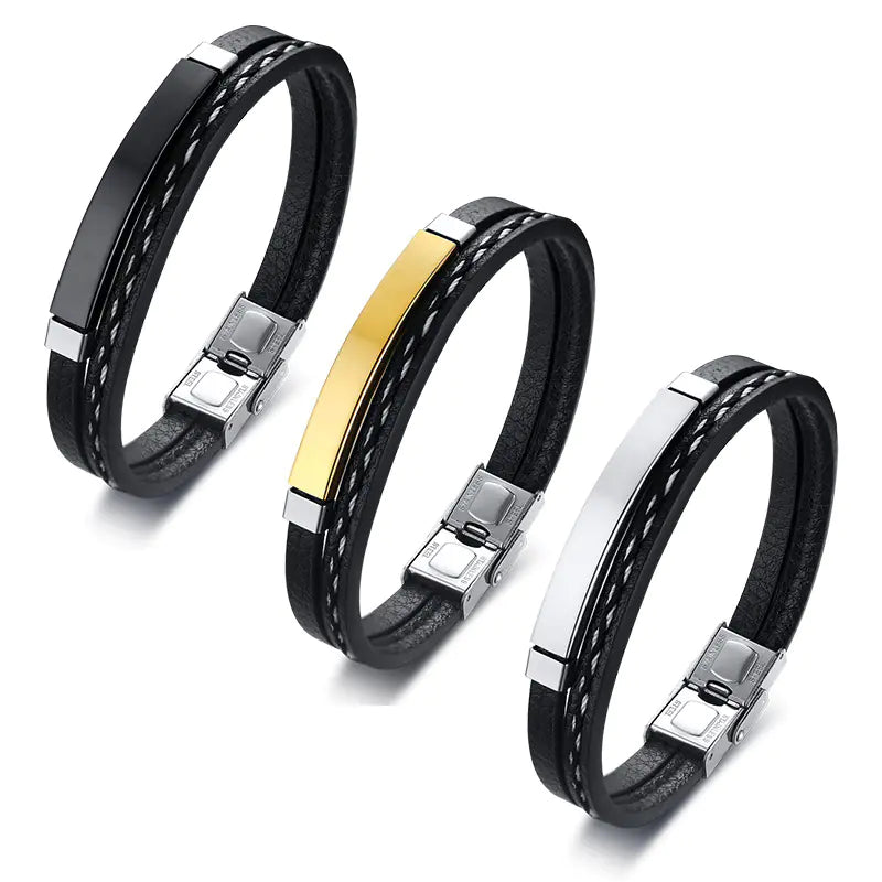 Men's Black PU Leather Braided Bracelet in Stainless Steel